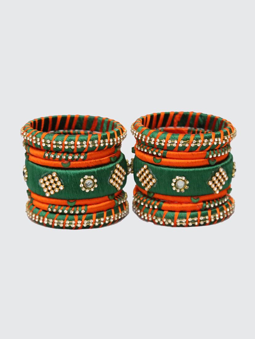 handmade silk thread orange and green bangles set of 14 - 18031735 - Standard Image - 1