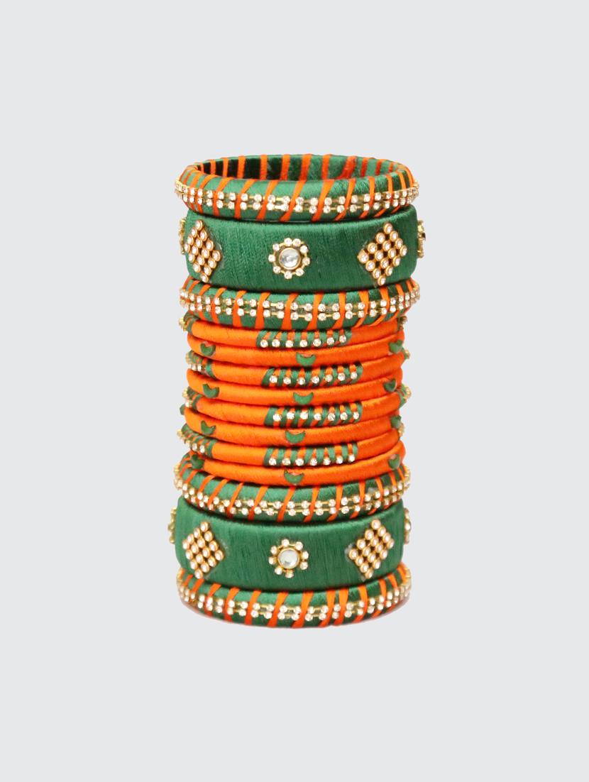 handmade silk thread orange and green bangles set of 14 - 18031735 - Standard Image - 4