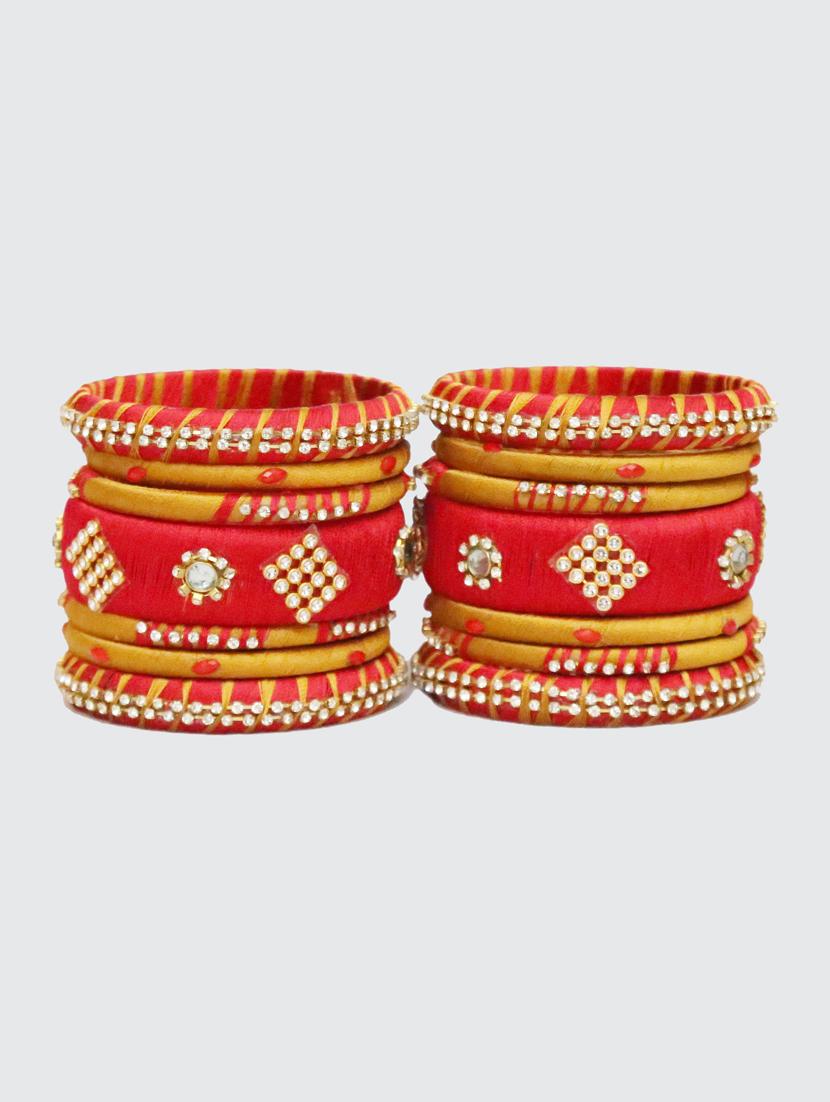 handmade silk thread red and golden bangles set of 14 - 18031737 -  Standard Image - 1