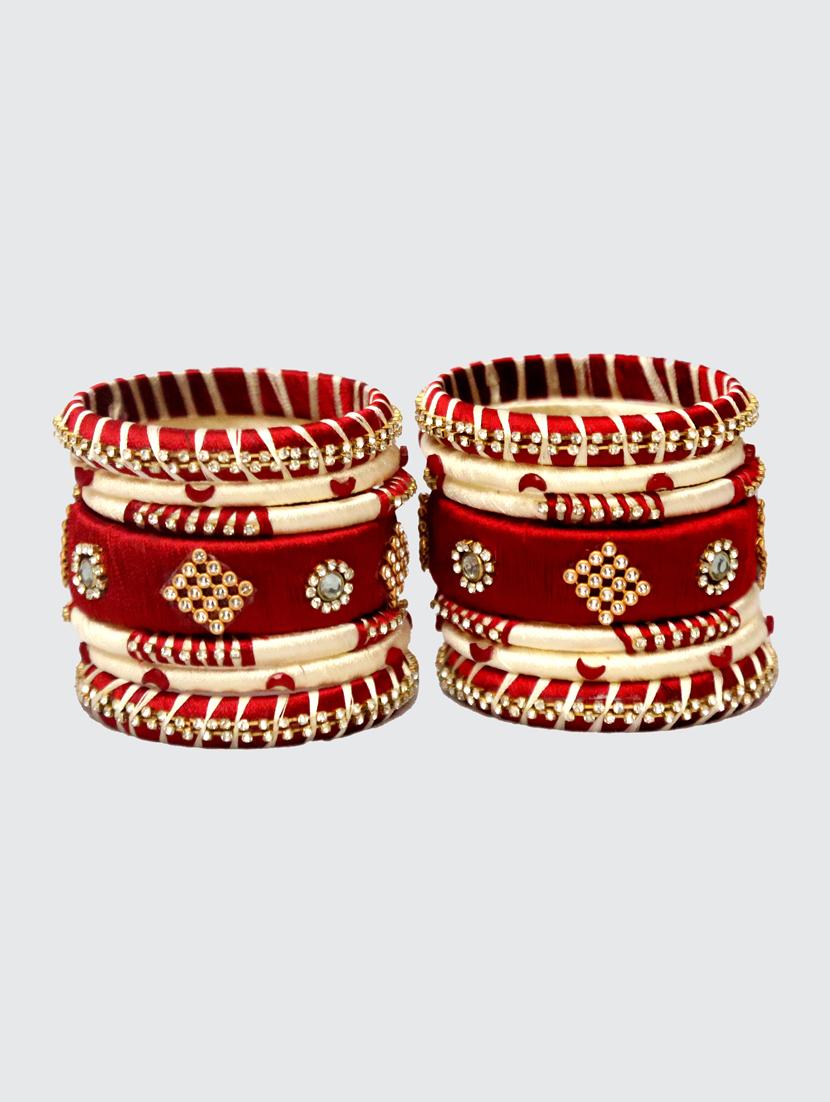 handmade silk thread maroon and off white bangles set of 14 - 18031739 -  Standard Image - 1