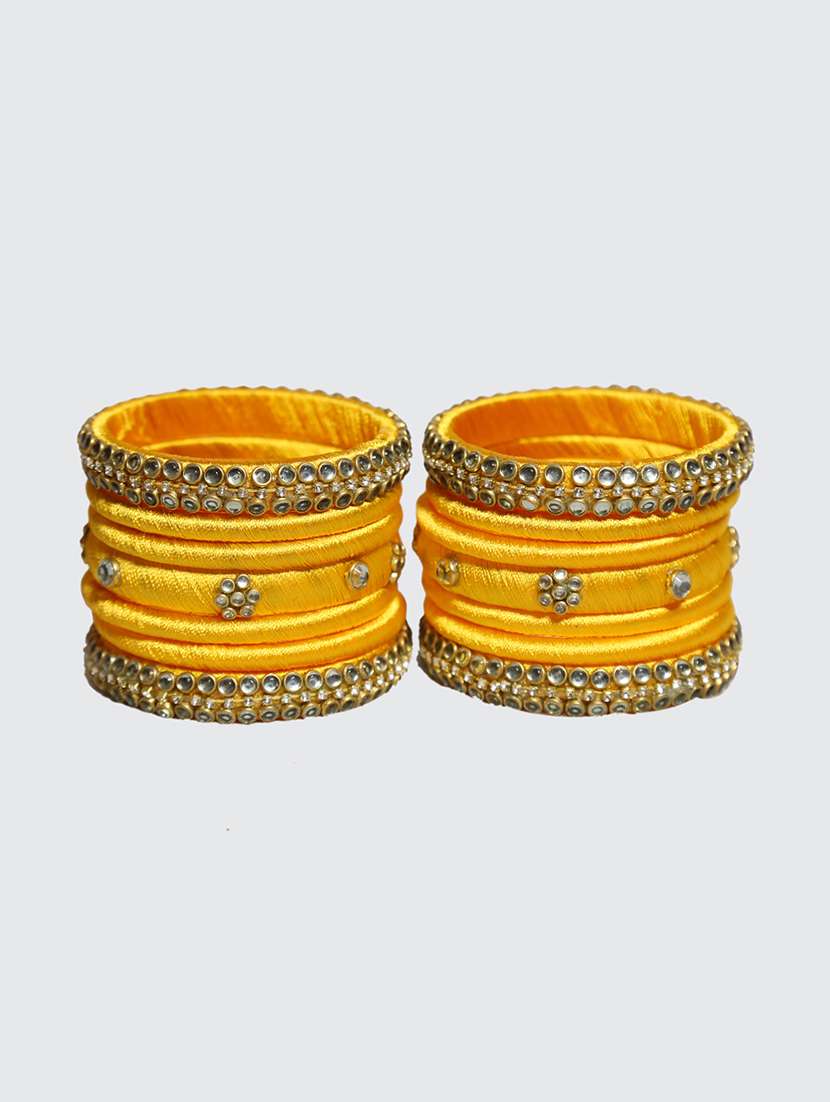 handmade silk thread yellow bangles set of 14 - 18031741 -  Standard Image - 1