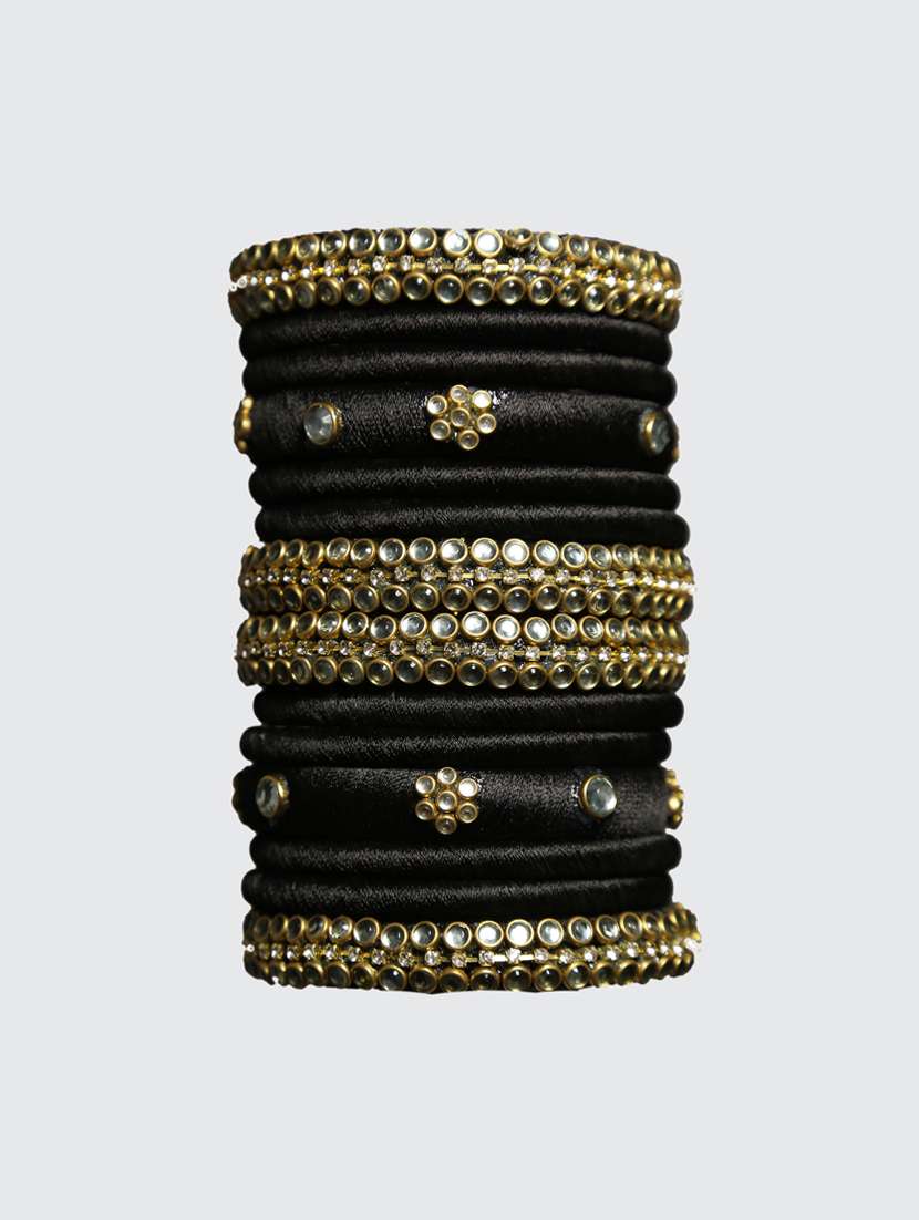  handmade silk thread black bangles set of 14
