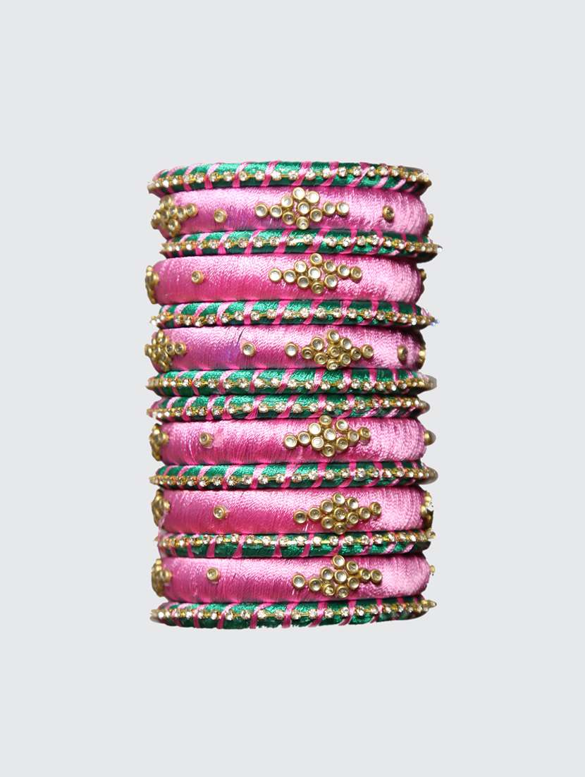  handmade silk thread pink bangles set of 14