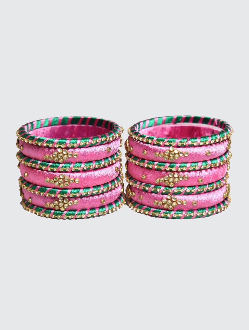 handmade silk thread pink bangles set of 14 - 18031765 - Standard Image - 1