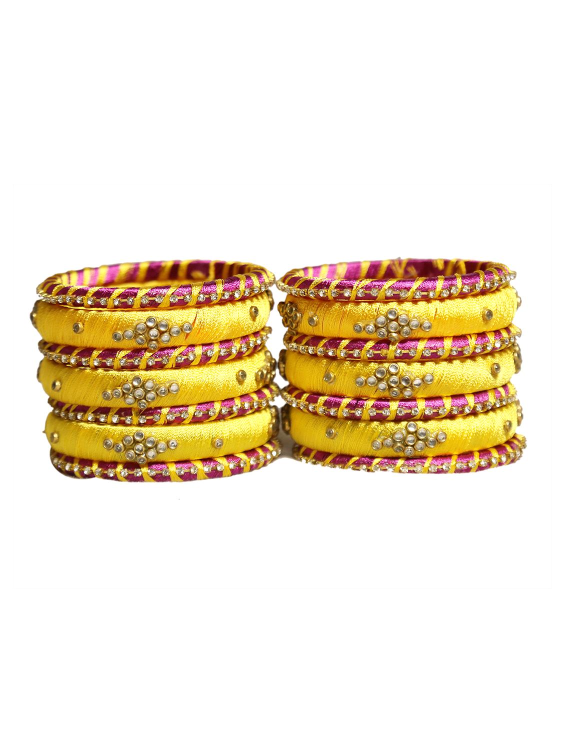  handmade silk thread yellow & dark pink bangles set of 14 - 18031767 -  Standard Image - 1