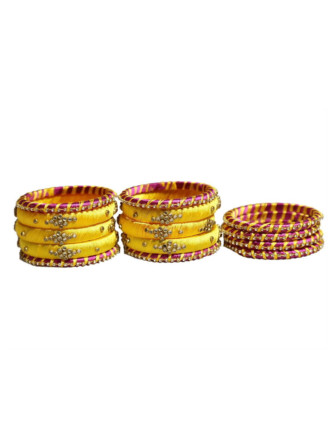 handmade silk thread yellow & dark pink bangles set of 14 - 18031767 - Standard Image - 4