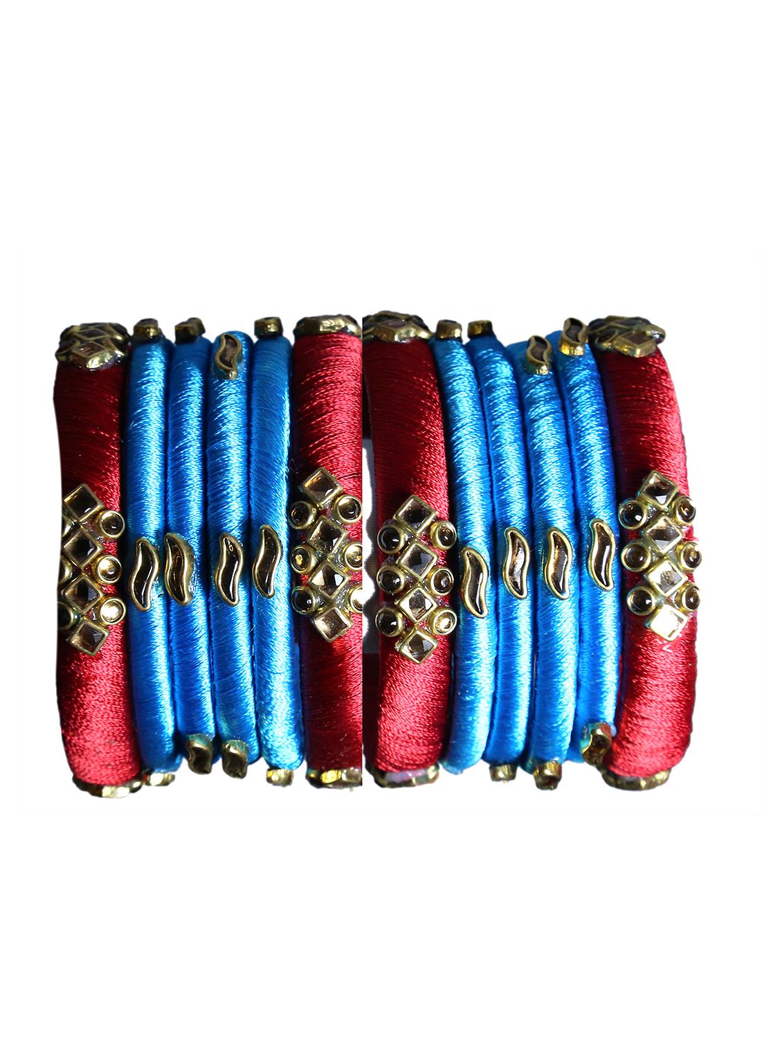 handmade silk thread blue kade & maroon bangles set of 12 - 18031795 -  Standard Image - 1