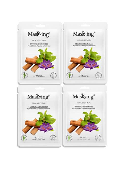 masking bamboo facial sheet mask of saffron & sandalwood for youthful skin ideal for women & men, 20ml each (pack of 4) - 18032415 - Standard Image - 0