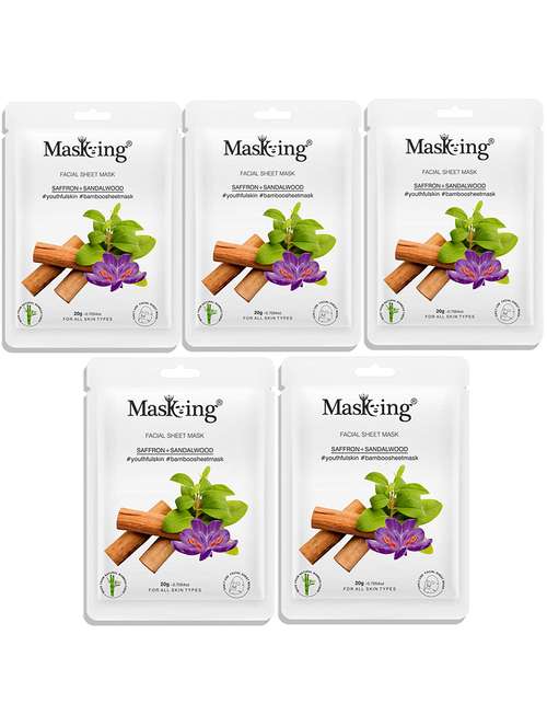 masking bamboo facial sheet mask of saffron & sandalwood for youthful skin ideal for women & men, 20ml each (pack of 5) - 18032427 -  Standard Image - 0