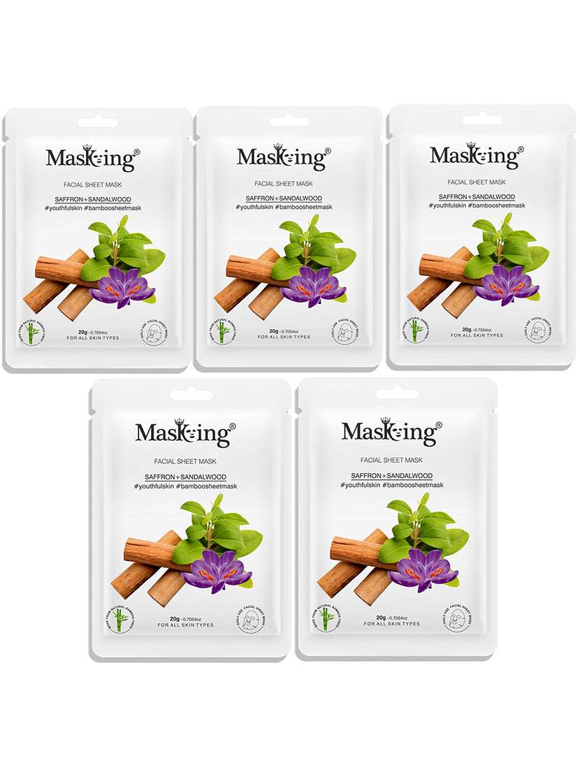 masking bamboo facial sheet mask of saffron & sandalwood for youthful skin ideal for women & men, 20ml each (pack of 5)