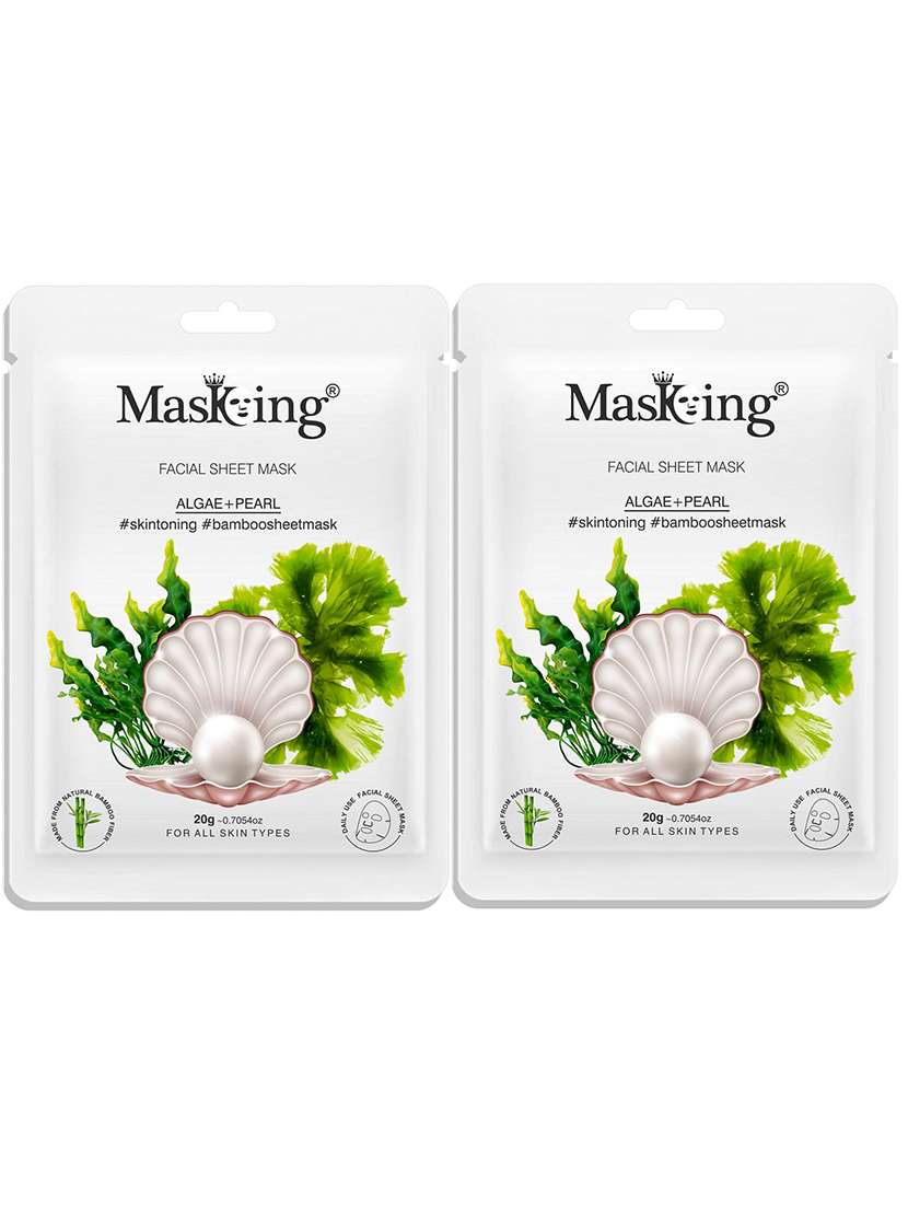 masking bamboo facial sheet mask of algae & pearl for skin toning ideal for women & men, 20ml each (pack of 2)