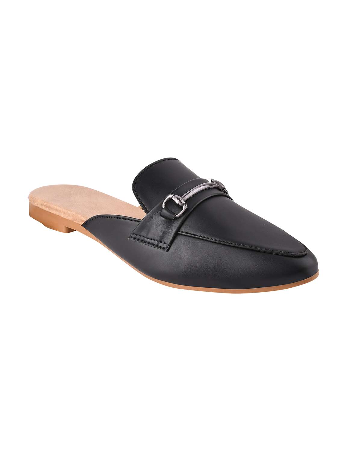 black synthetic mules