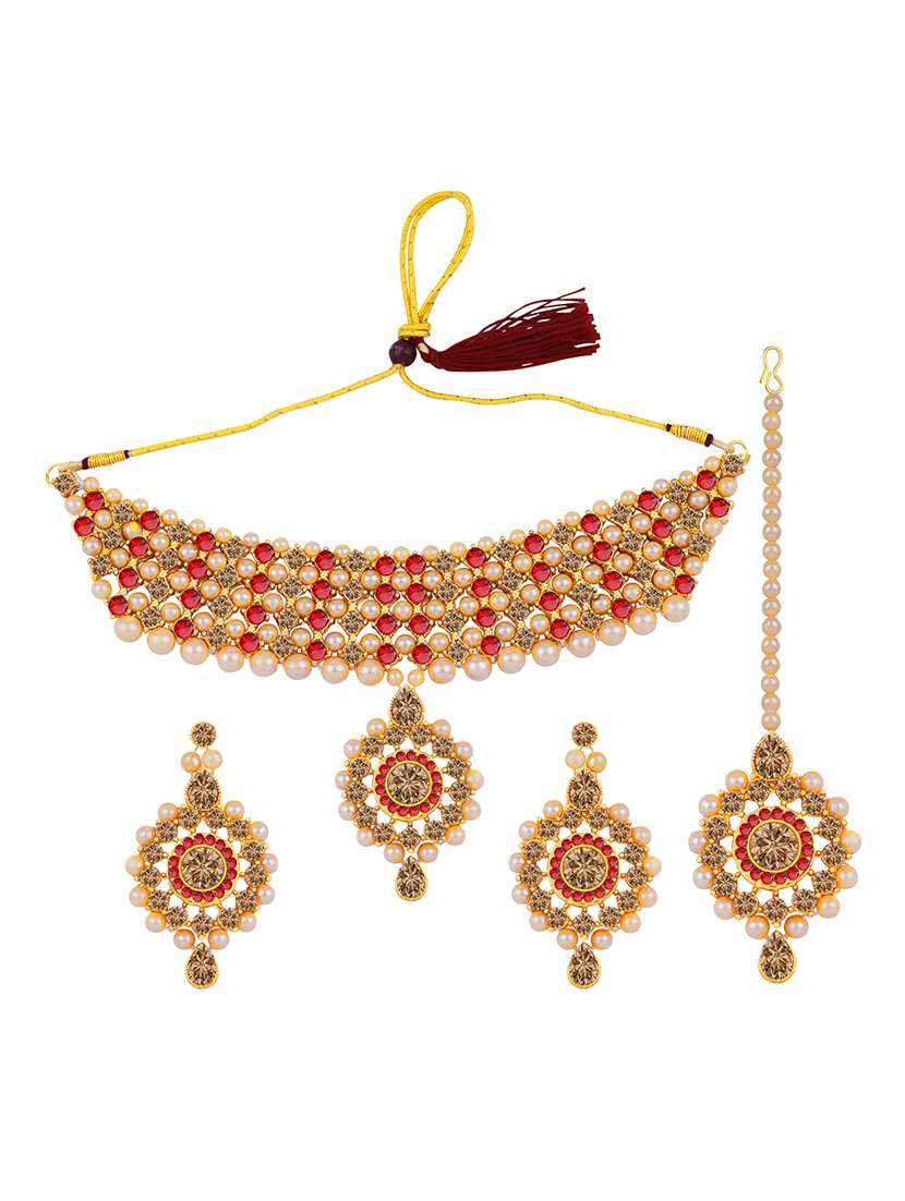red stone studded brass choker necklaces with earring and maangtikka