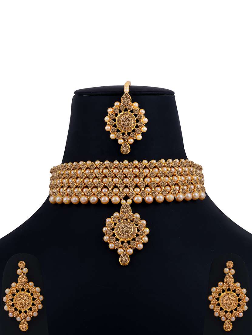 gold plated stone studded choker necklace with earring and maangtikka - 18033402 -  Standard Image - 1