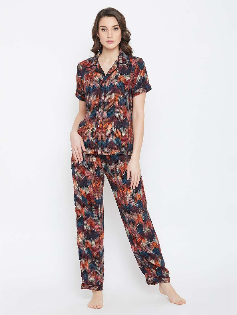 shirt collar printed nightwear shorts set 