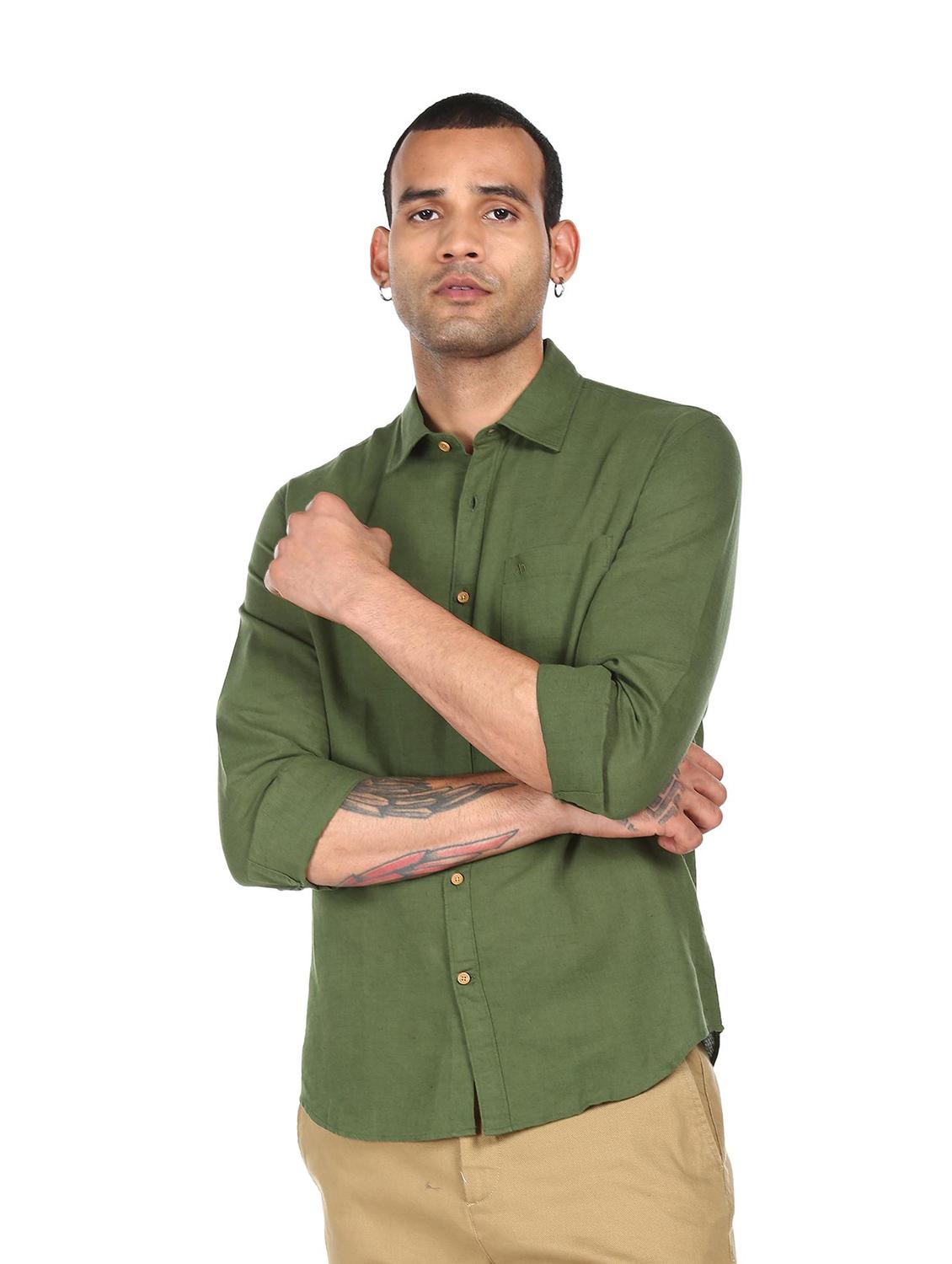 olive solid casual shirt - 18038444 - Standard Image - 1