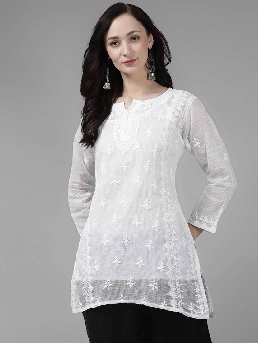 ada hand-embroidered white chikankari straight kurti