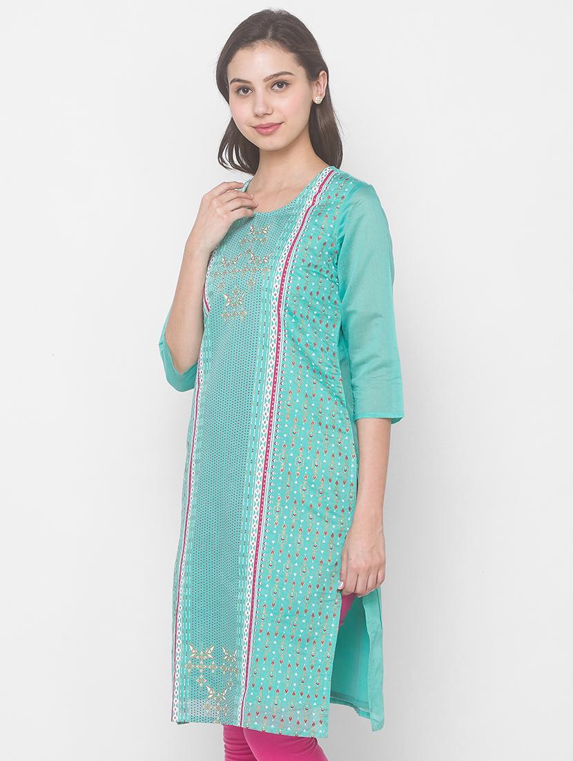 printed chanderi straight kurta - 18039531 - Standard Image - 1