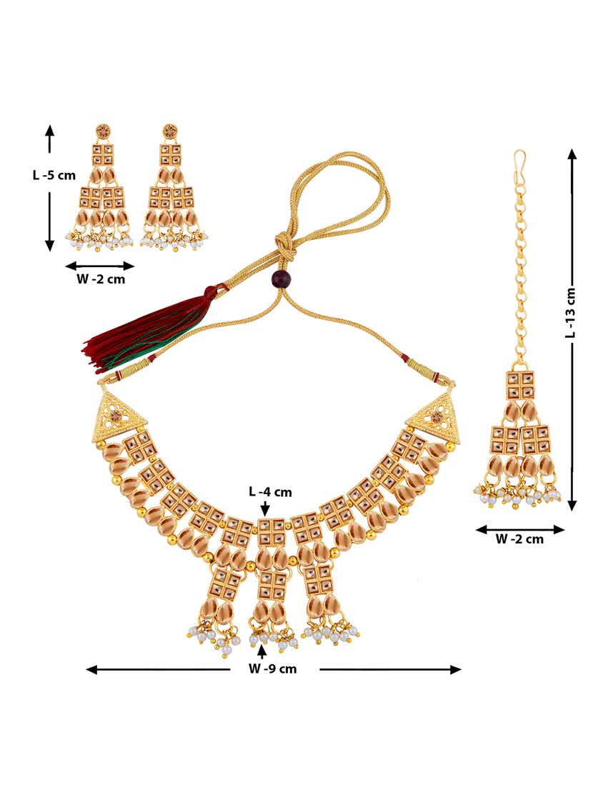 gold metal necklace earring and maang tikka set - 18040737 -  Standard Image - 1