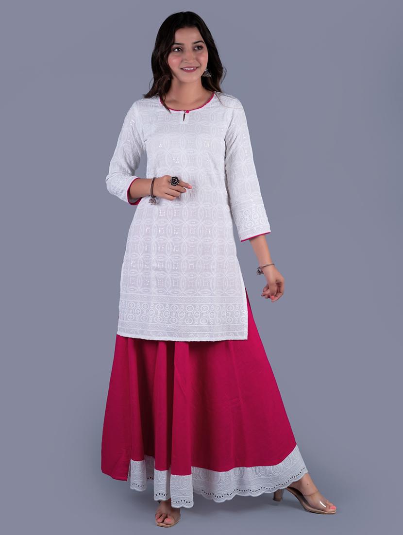 white cotton kurta skirt  set - 18041139 -  Zoom Image - 0