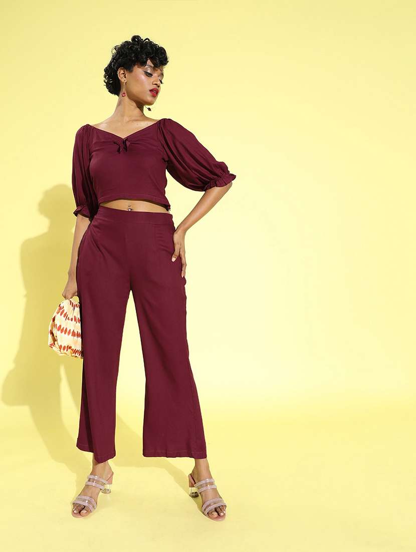 solid crop top with flat front trouser set - 18041419 -  Zoom Image - 0
