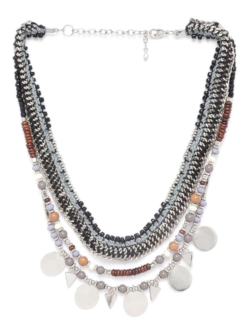 grey & black silver-plated beaded layered tribal necklace
