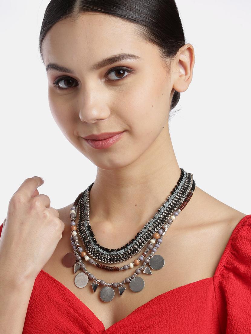 grey & black silver-plated beaded layered tribal necklace - 18041705 - Standard Image - 1