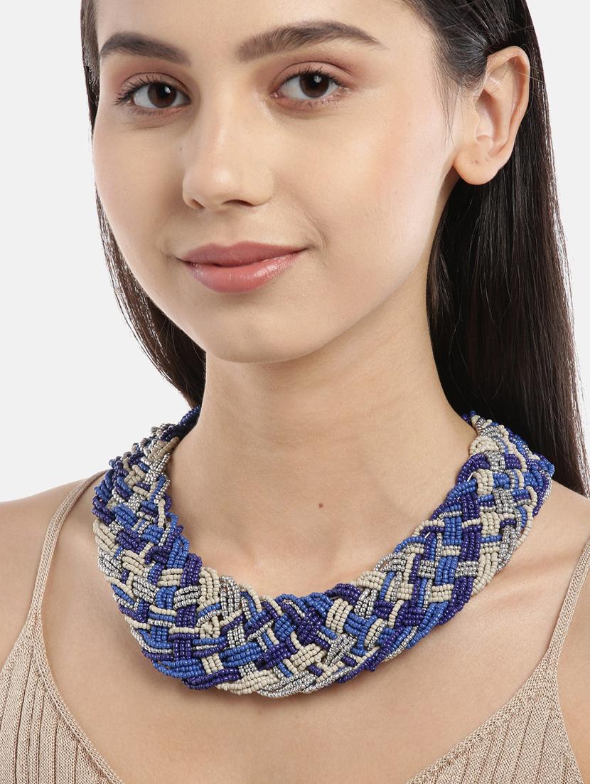 blue & off-white silver-plated beaded braided necklace - 18041713 - Standard Image - 1