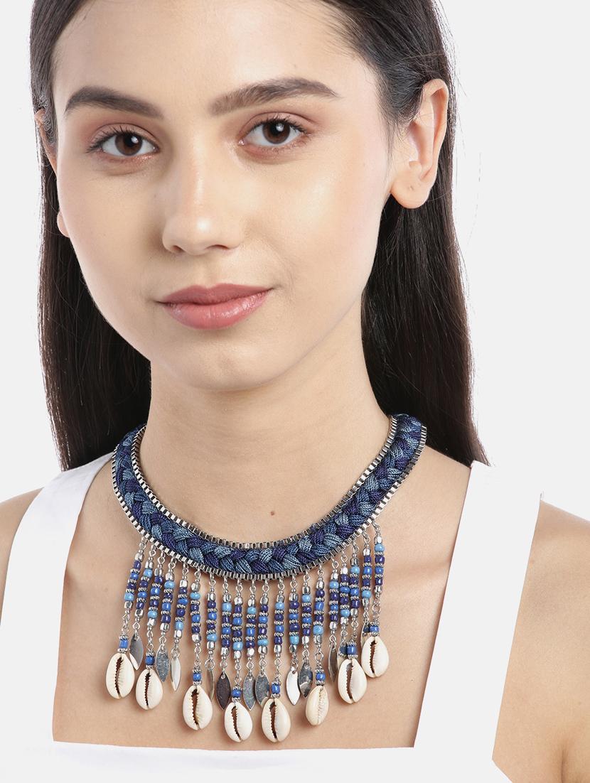 lue silver-plated beaded sea shell detail braided tribal necklace - 18041717 -  Standard Image - 1