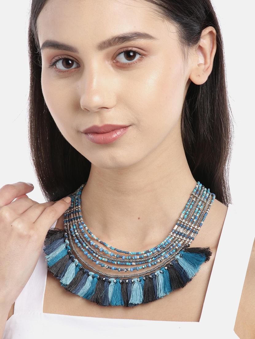 blue & black silver-plated tasselled beaded multi-stranded necklace - 18041720 -  Standard Image - 1