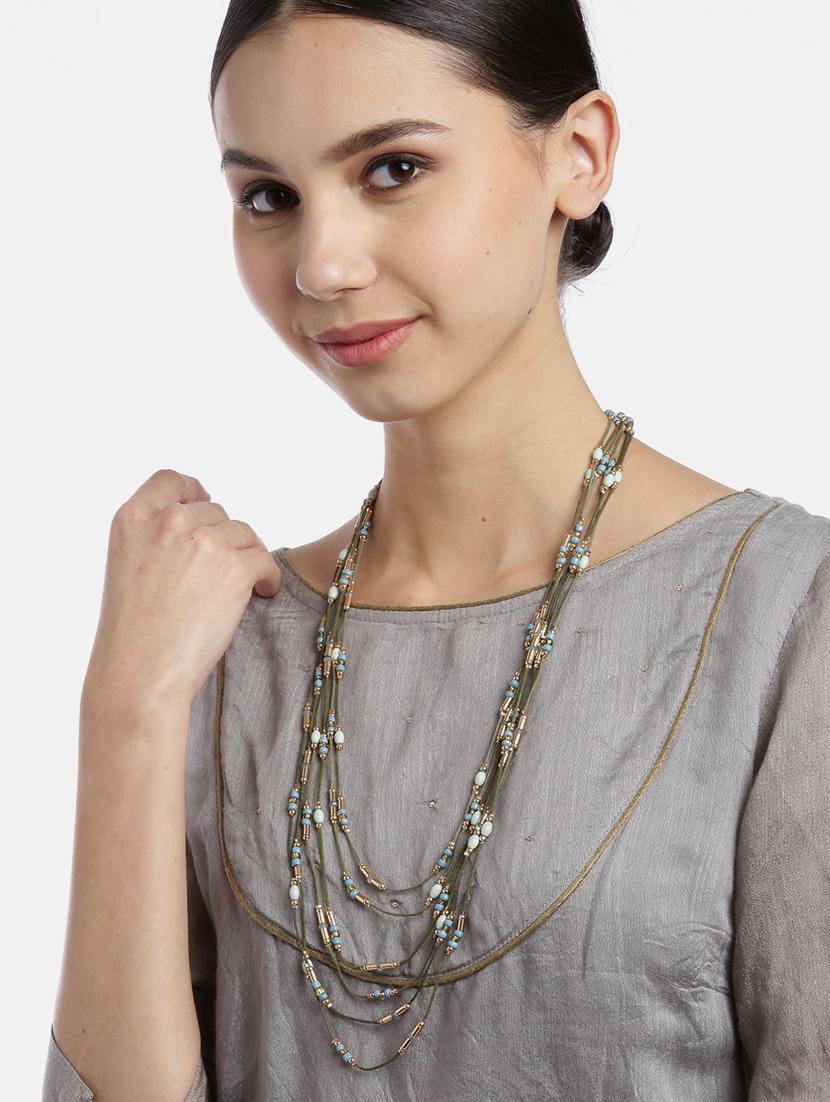 women blue & olive green gold-plated beaded layered necklace - 18041721 -  Standard Image - 1