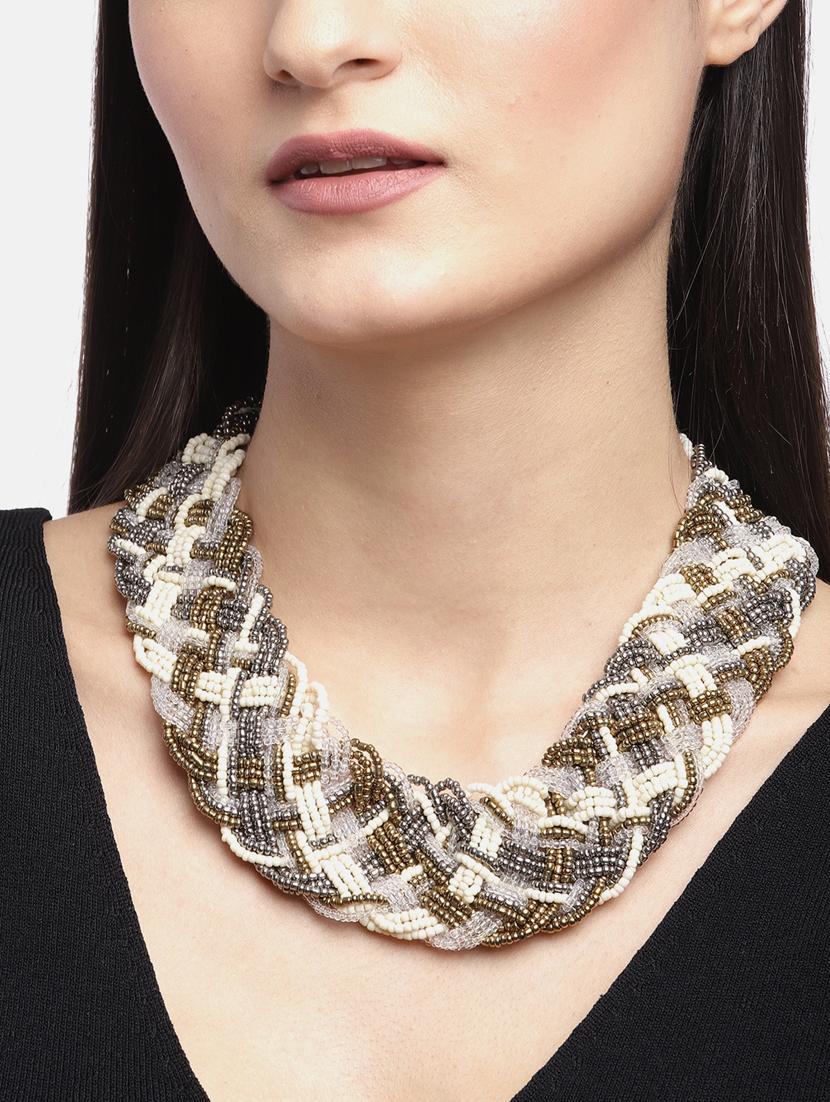 women antique silver-toned & cream-coloured gold-plated beaded braided necklace - 18041796 -  Standard Image - 1