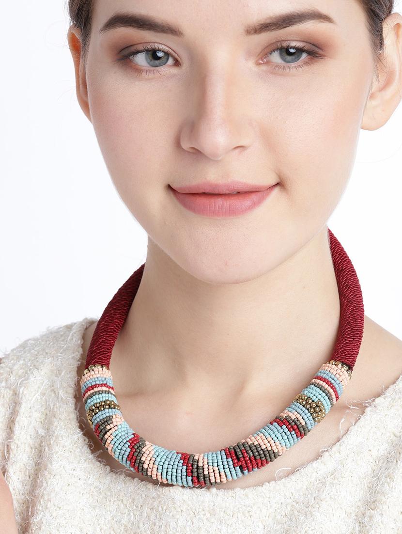 women maroon & blue beaded necklace - 18041818 - Standard Image - 1