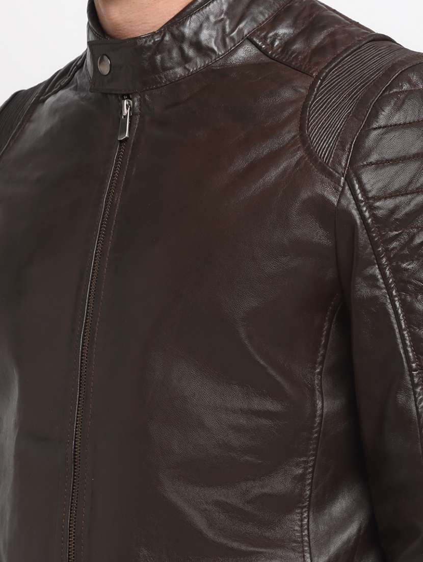Buy online Black Solid Leather Biker Jacket from Jackets for Men