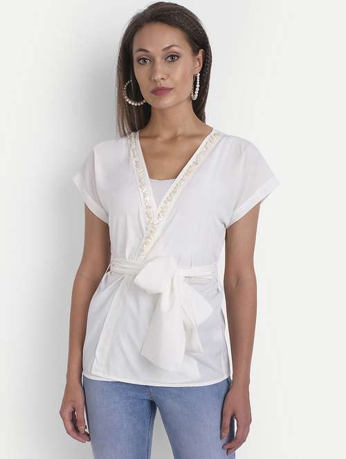 women's wrap v neck top - 18042066 - Standard Image - 0