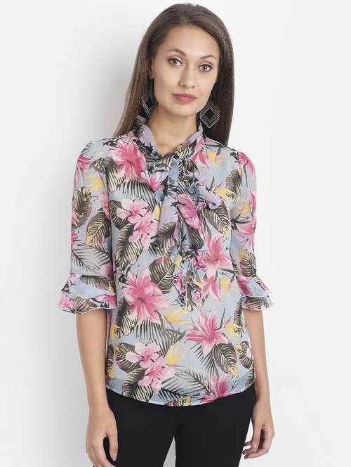women's straight tie-up neck top - 18042079 - Standard Image - 0