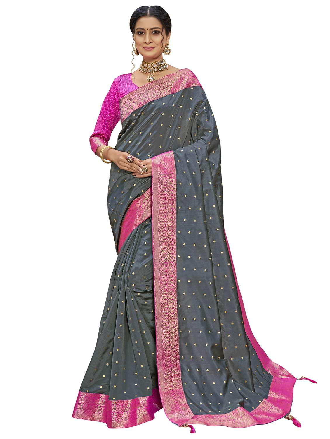 women's self design grey colored saree with blouse