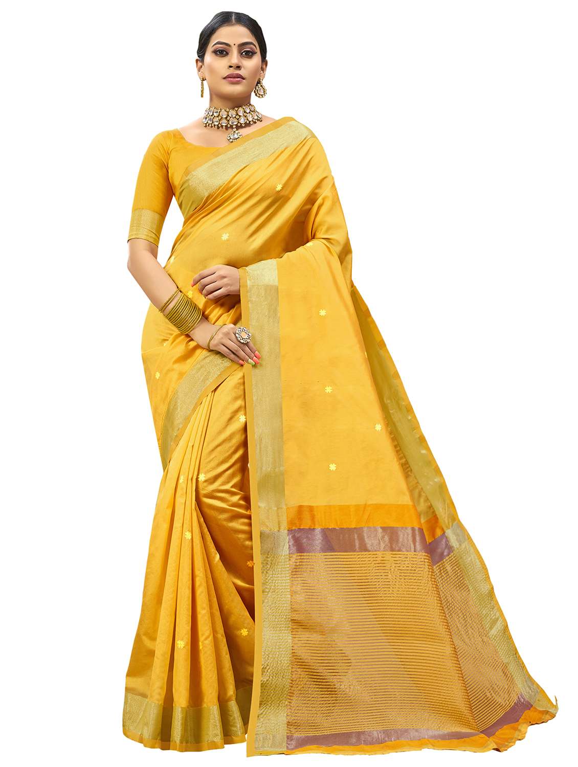 women's self design mustard colored saree with blouse