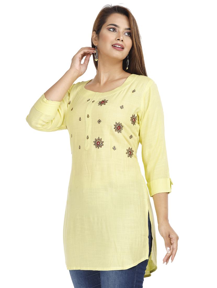 yellow rayon straight kurti - 18043016 - Standard Image - 1