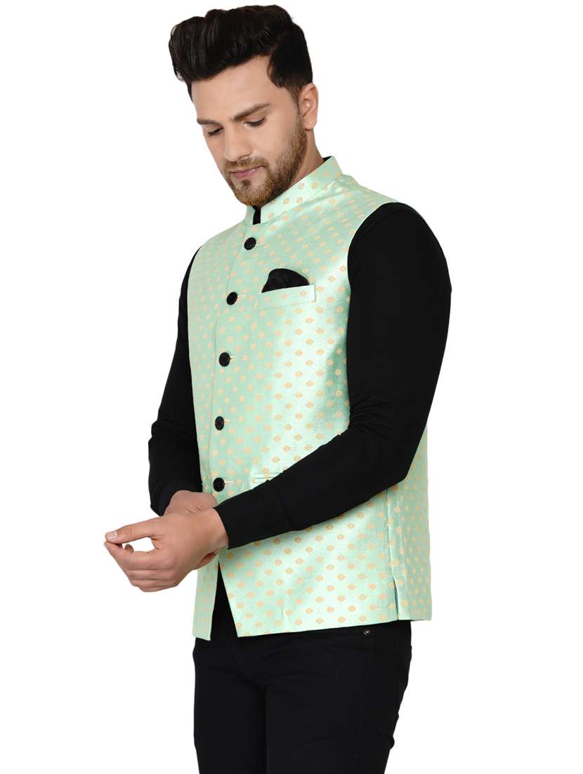 sea-green printed nehru jacket - 18044670 -  Standard Image - 1