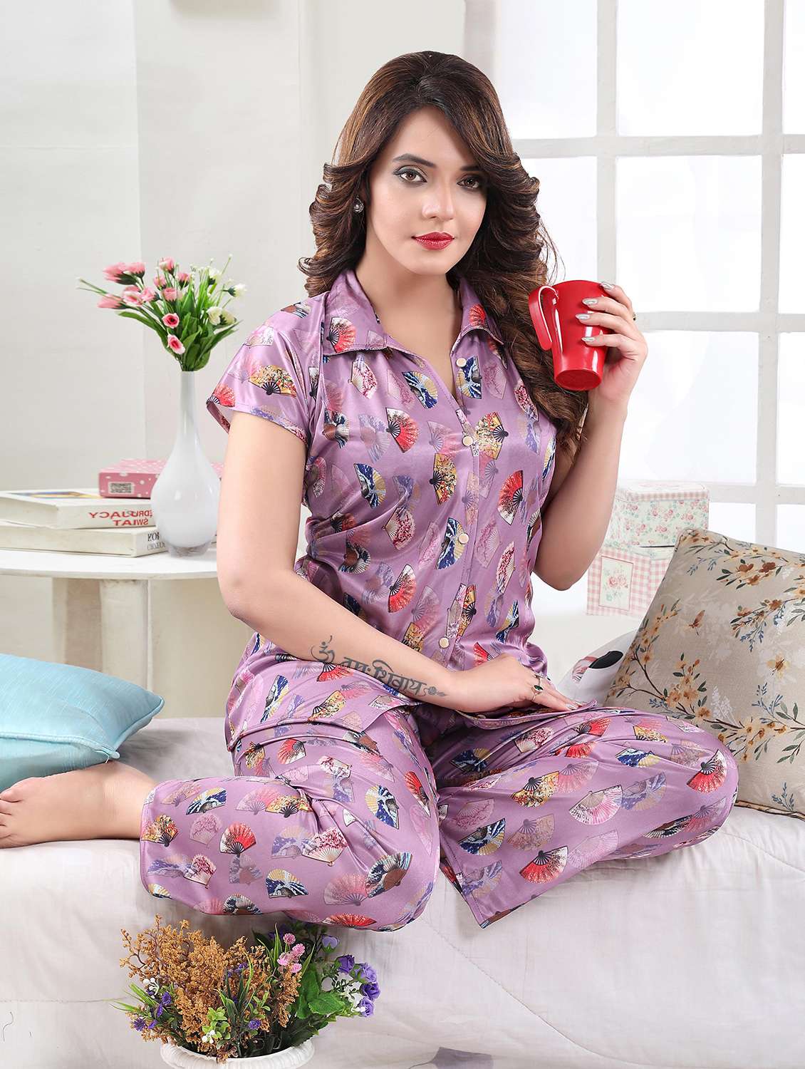 pink satin pyjama set nightwear - 18044697 -  Standard Image - 4