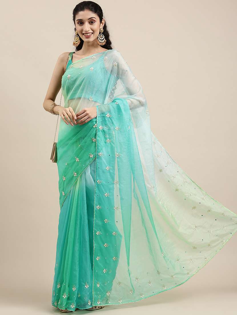 sea green hand embellished ombre saree with blouse