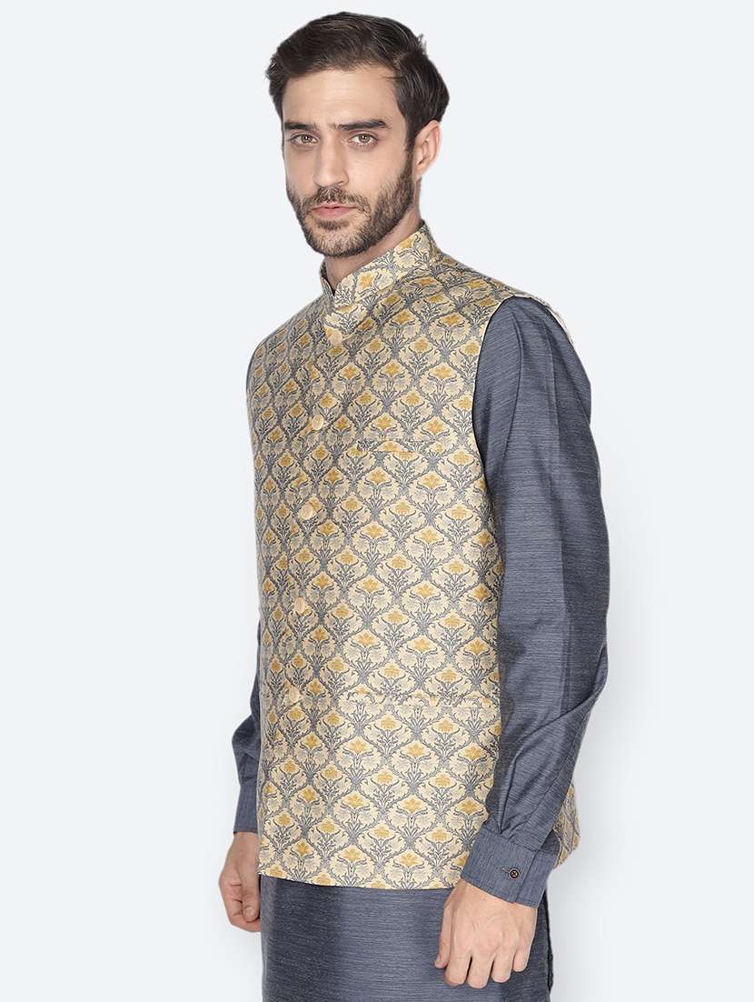 beige printed nehru jacket - 18047007 -  Standard Image - 1