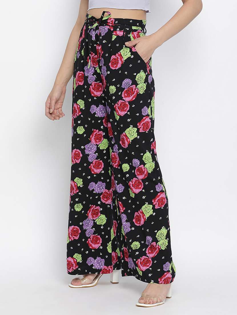black floral printed flat front trouser - 18048178 -  Standard Image - 1