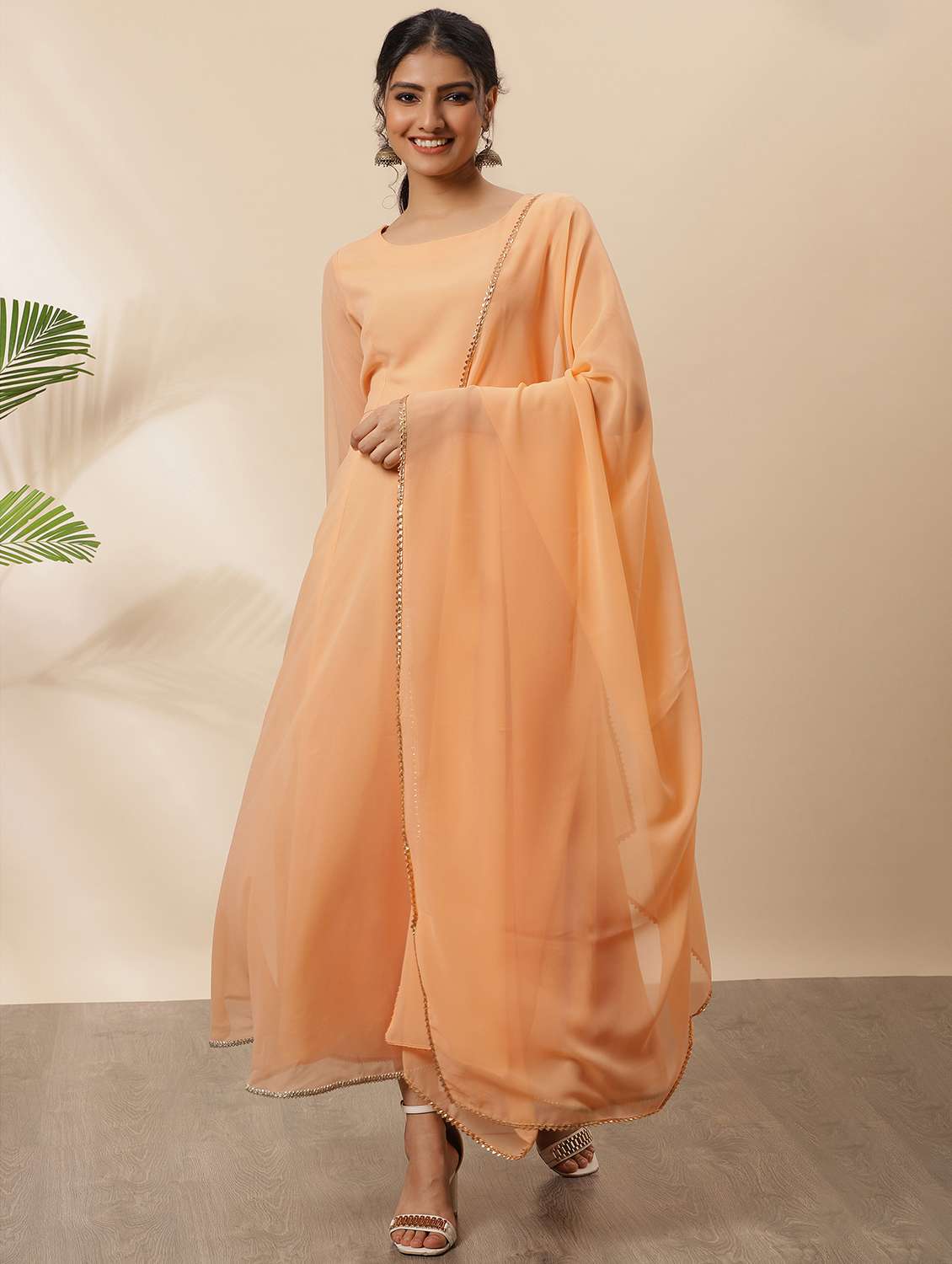 Peach Solid A Line Kurta Dupatta Set