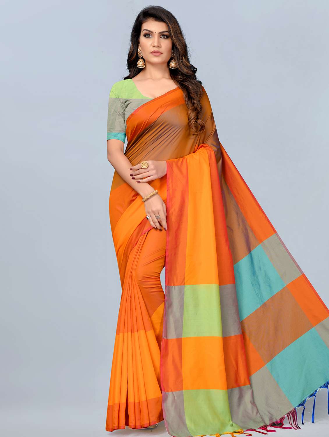 women's color block orange colored saree with blouse
