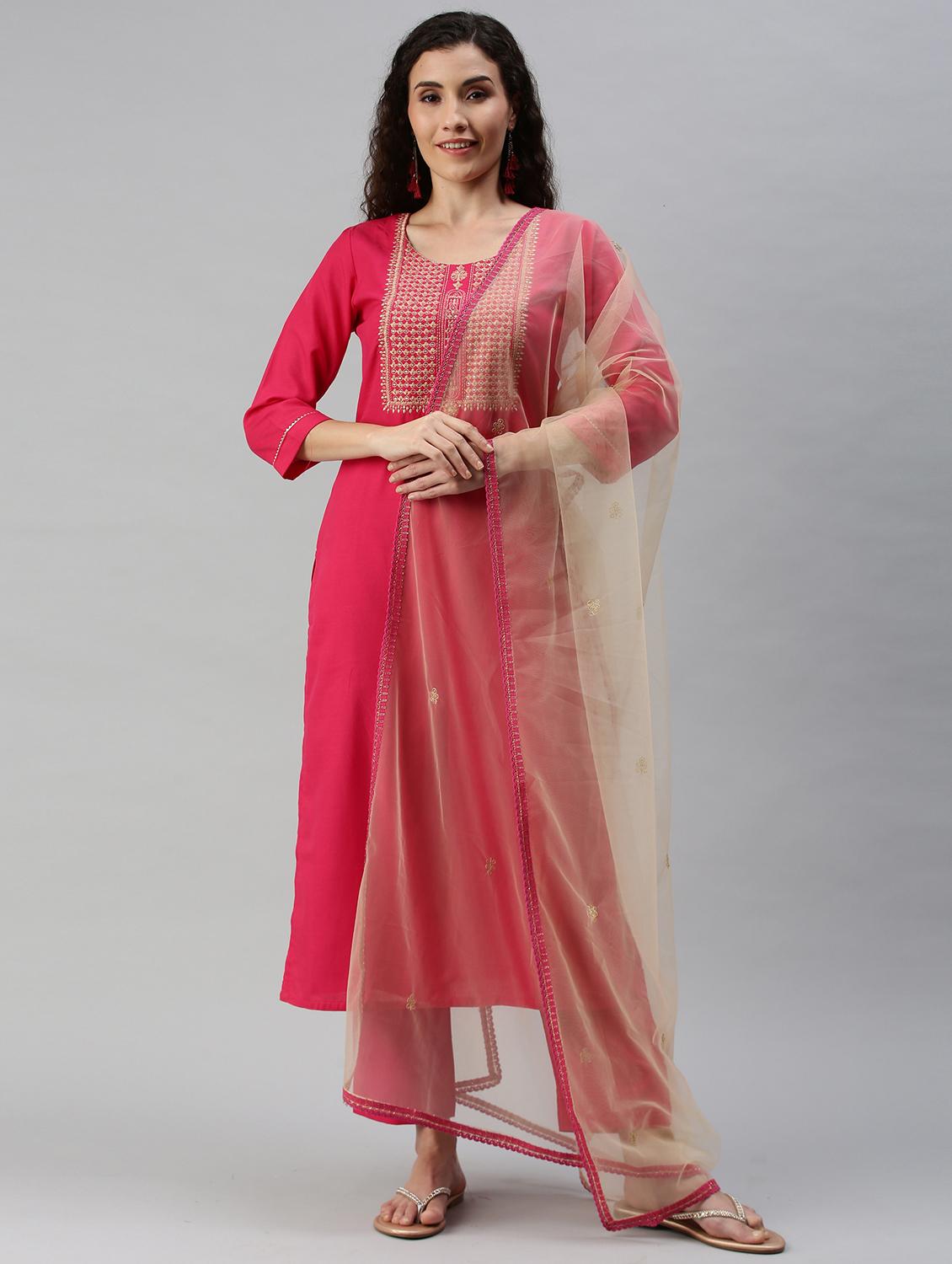magenta cotton blend kurta pant  set