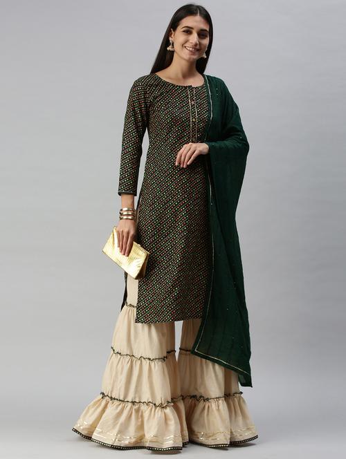 green cotton blend kurta sharara set - 18051545 - Standard Image - 0