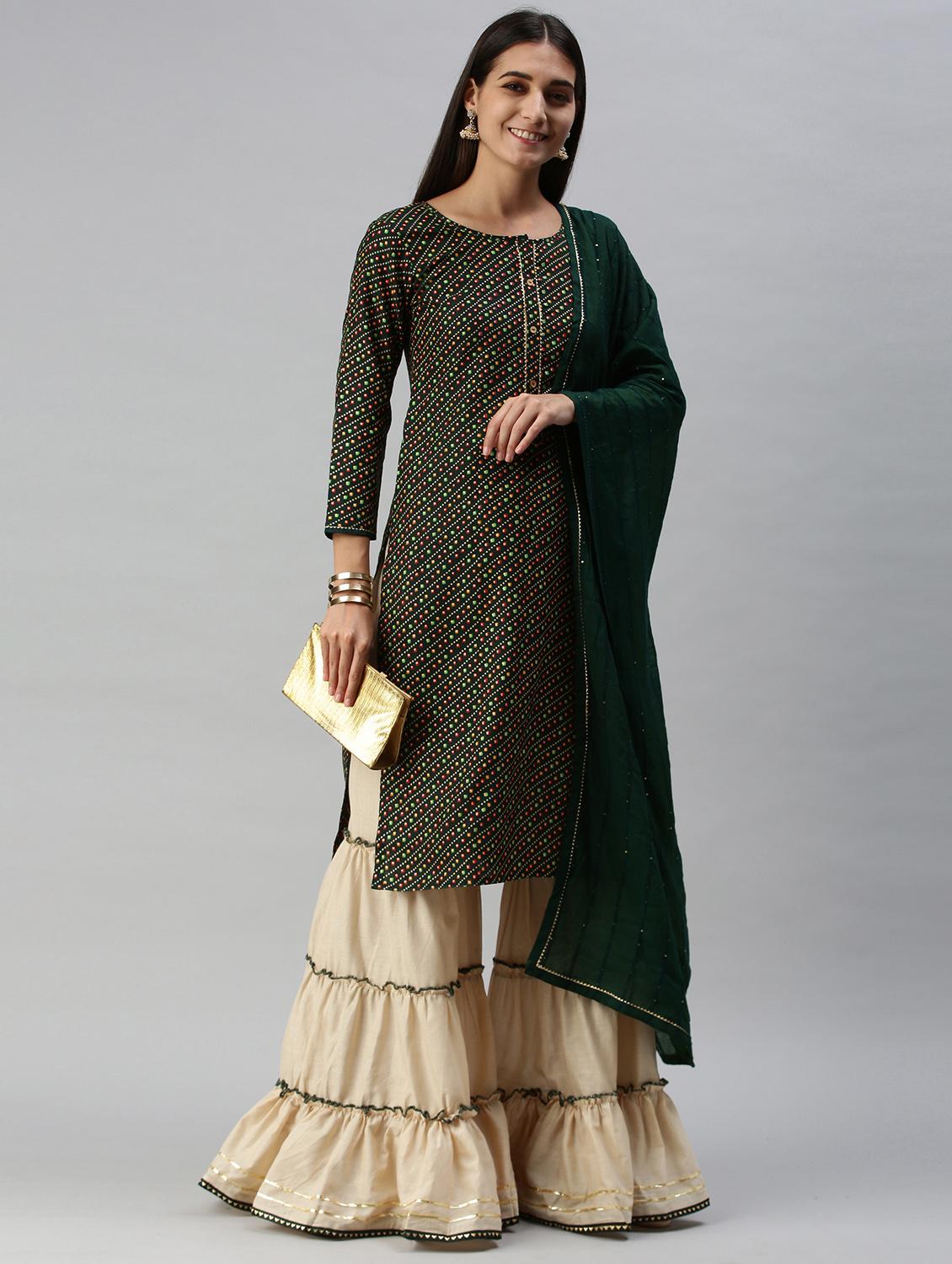 green cotton blend kurta sharara set - 18051545 - Zoom Image - 0