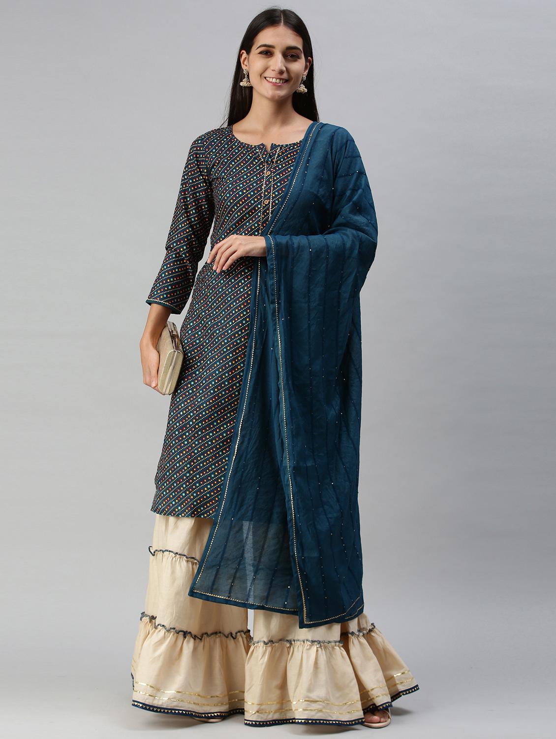 teal cotton blend kurta sharara  set - 18051546 -  Zoom Image - 0